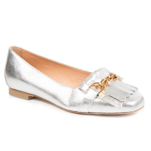 Silver leather moccasins with gold buckle