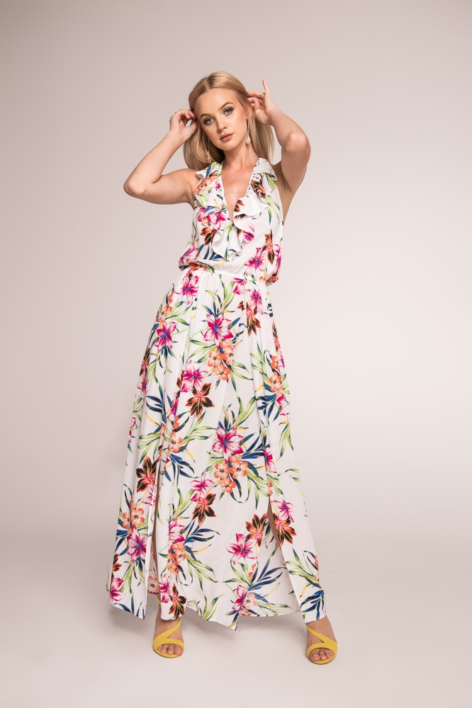 Długa letnia sukienka w kolorowe kwiaty Shindy Swing