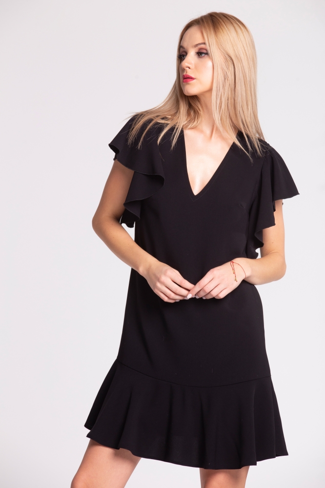 Czarna sukienka koktajlowa MEGAN z falbaną SWING