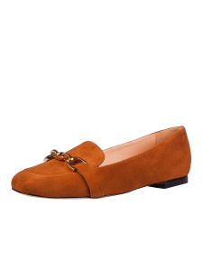 Brown suede leather moccasins with gold buckle Paso a Paso