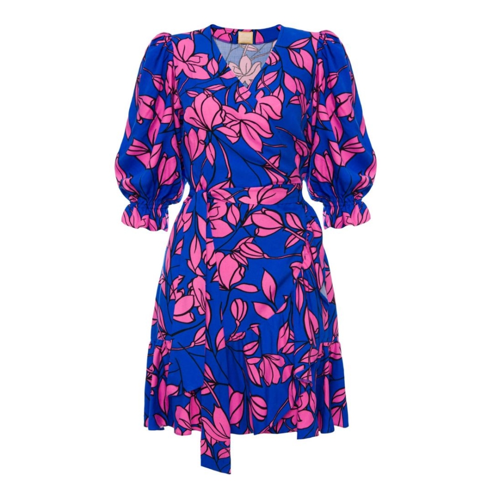 Kopertowa sukienka w granatowo-różowy wzór z bufiastymi rękawkami i falbankami Sophia by Swing