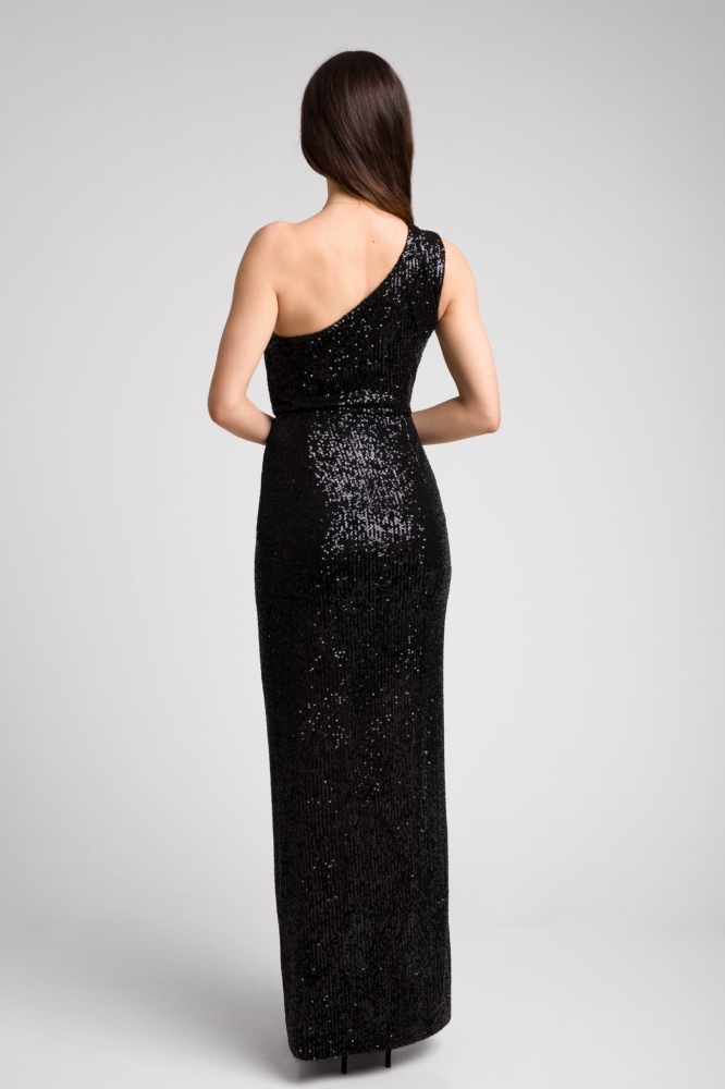 Długa czarna połyskująca sukienka z cekinów na jedno ramie Lizzie by Swing