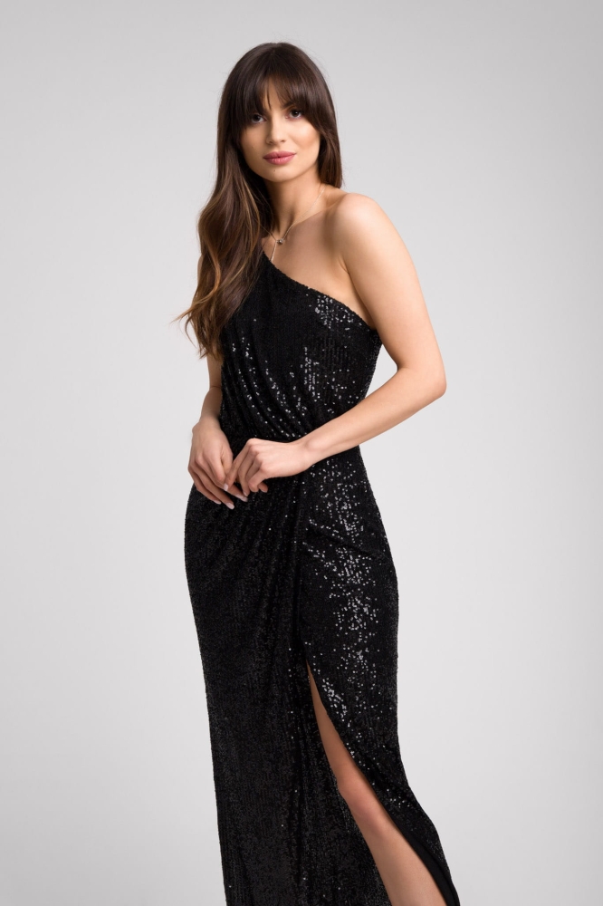 Długa czarna połyskująca sukienka z cekinów na jedno ramie Lizzie by Swing