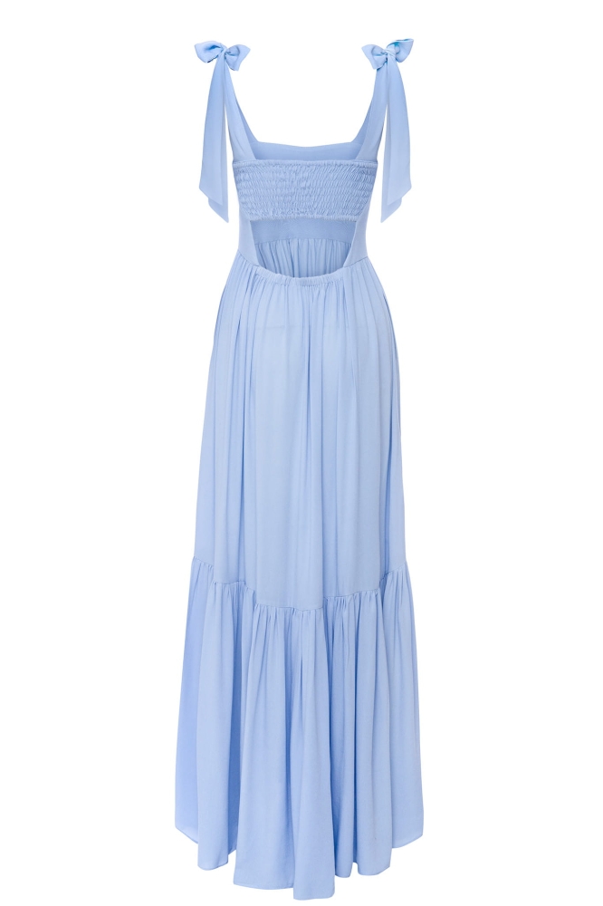 Błękitna długa sukienka maxi z kokardami przy ramiączkach Dreamy by Swing
