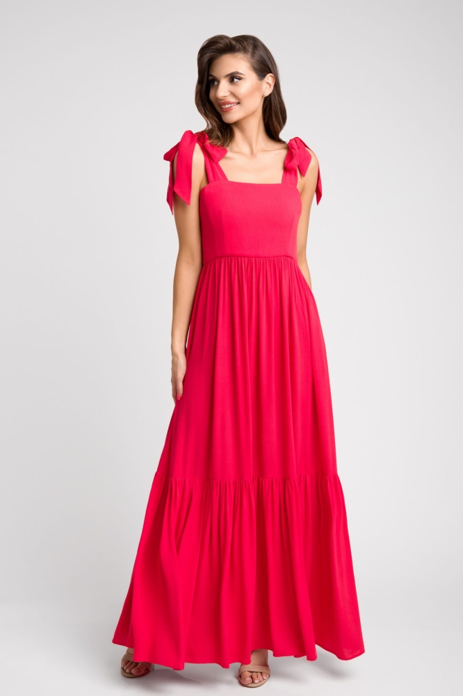 Czerwona długa sukienka maxi z kokardami przy ramiączkach Dreamy by Swing