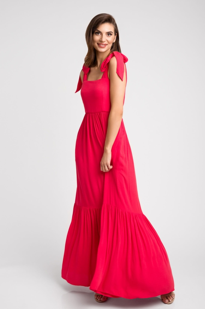 Czerwona długa sukienka maxi z kokardami przy ramiączkach Dreamy by Swing