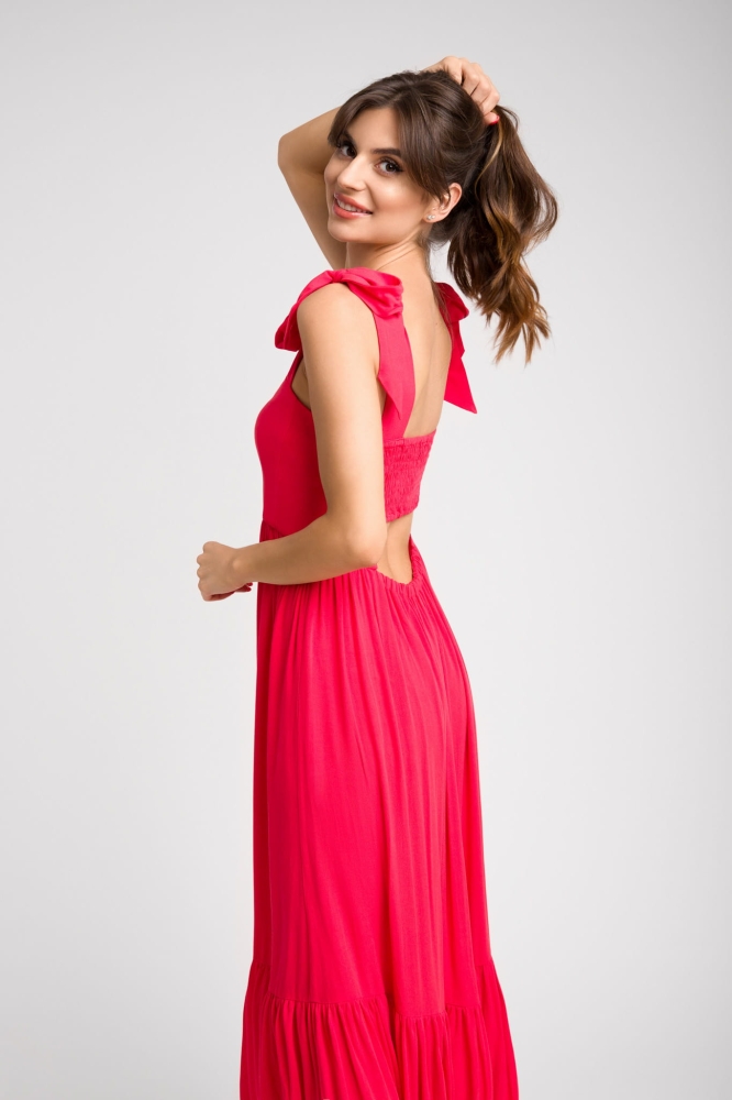 Czerwona długa sukienka maxi z kokardami przy ramiączkach Dreamy by Swing