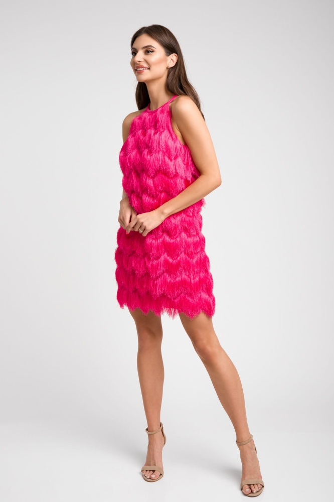 Różowa fuksjowa sukienka mini na ramiączka z frędzlami Fringe Short by Swing