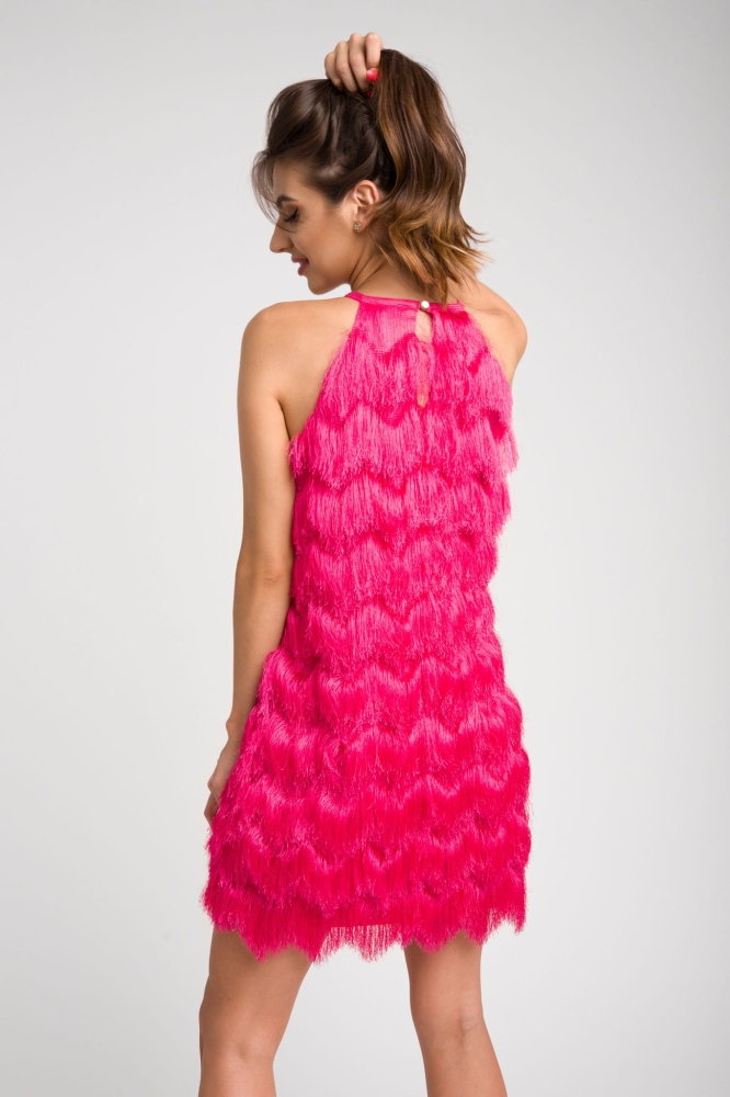 Różowa fuksjowa sukienka mini na ramiączka z frędzlami Fringe Short by Swing