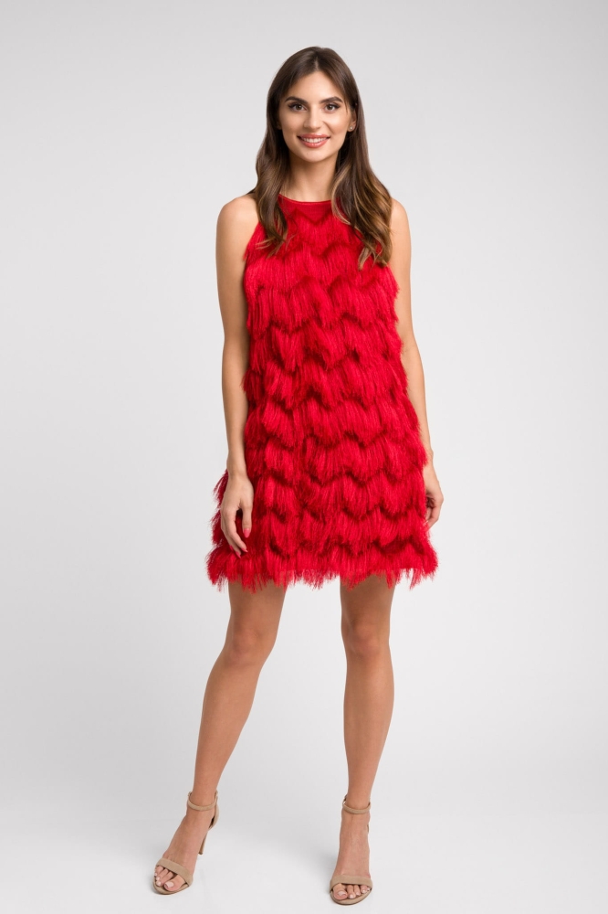 Czerwona sukienka mini na ramiączka z frędzlami Fringe Short by Swing