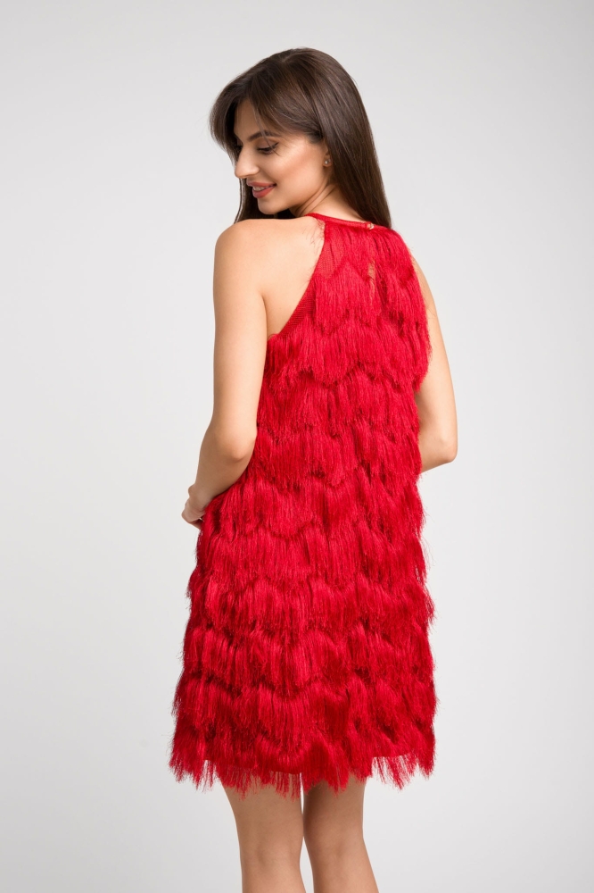 Czerwona sukienka mini na ramiączka z frędzlami Fringe Short by Swing