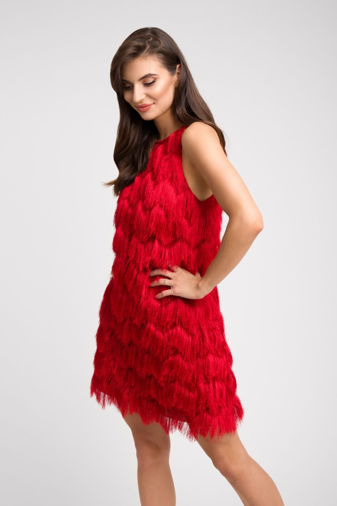 Czerwona sukienka mini na ramiączka z frędzlami Fringe Short by Swing
