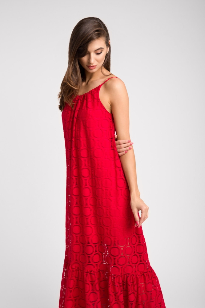 Długa czerwona sukienka na cienkich ramiączkach z odkrytymi plecami Paradise red