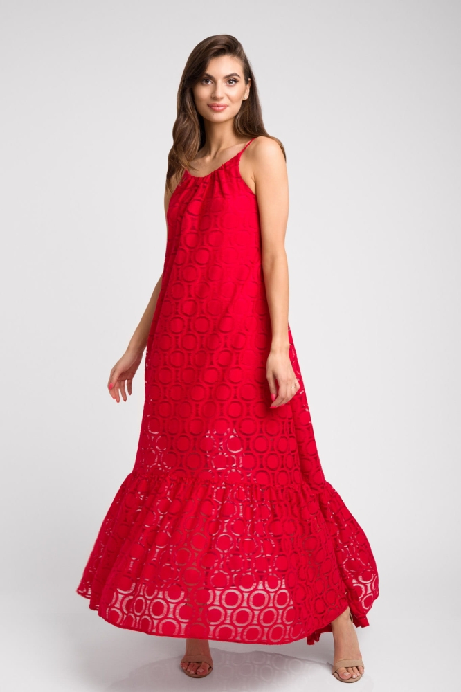 Długa czerwona sukienka na cienkich ramiączkach z odkrytymi plecami Paradise red