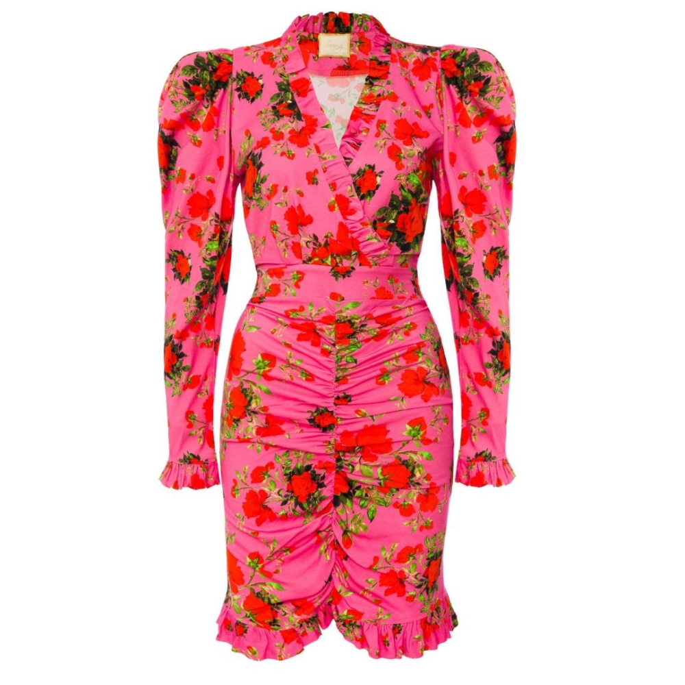 Różowa dopasowana sukienka w kolorowe kwiatki z długim rękawem Clarissa by Swing