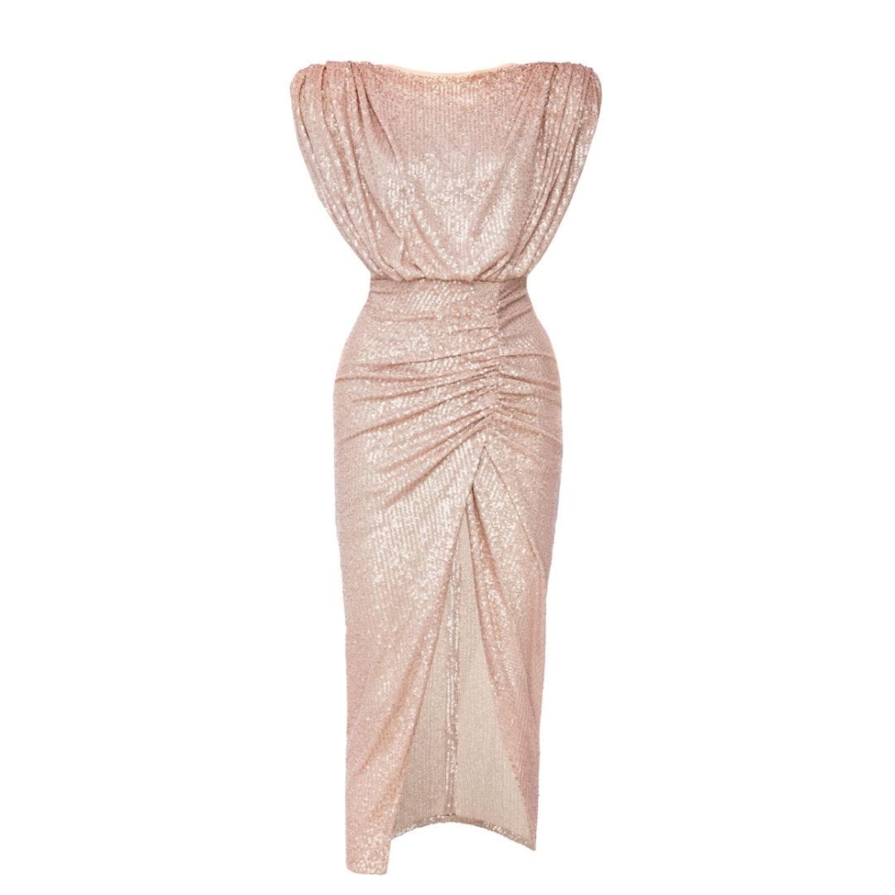 Zjawiskowa pudrowo różowa dopasowana sukienka midi z cekinów bez rękawa Nicol Summer by Swing