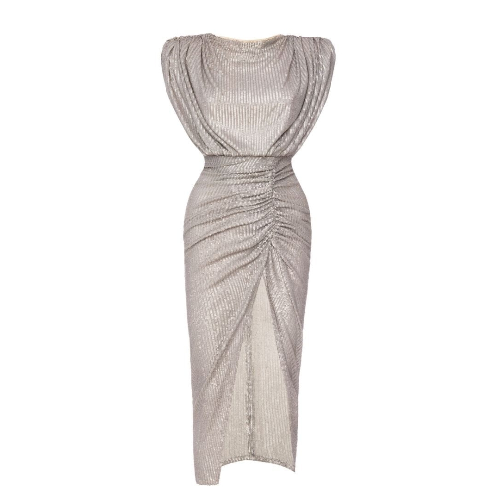 Zjawiskowa szara matowa dopasowana sukienka midi z cekinów bez rękawa Nicol Summer by Swing