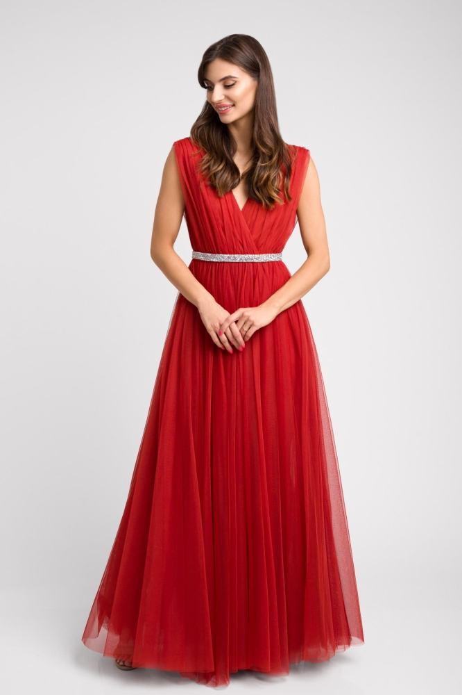 Długa tiulowa zjawiskowa sukienka maxi kolorze czerwonym Flora by Swing