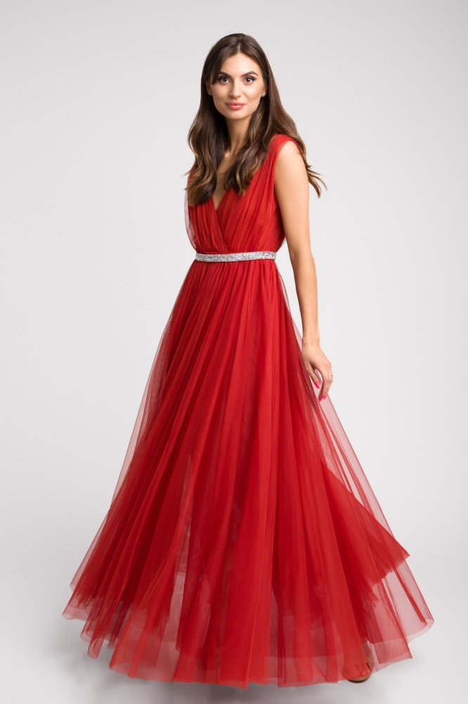 Długa tiulowa zjawiskowa sukienka maxi kolorze czerwonym Flora by Swing