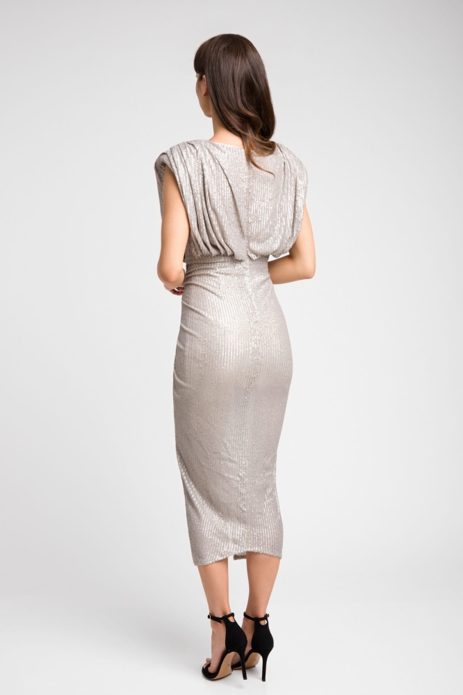 Zjawiskowa szara matowa dopasowana sukienka midi z cekinów bez rękawa Nicol Summer by Swing