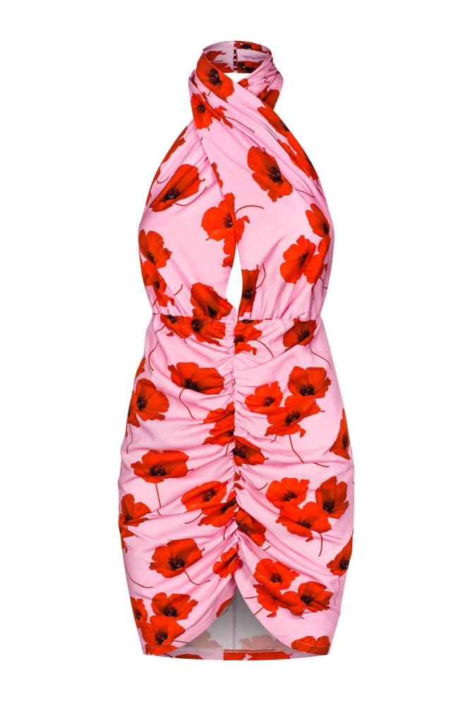 Seksowna letnia sukienka mini z odkrytymi plecami  i fantazyjnym dekoltem w czerwone kwiaty na różowym tle Isadora by Swing