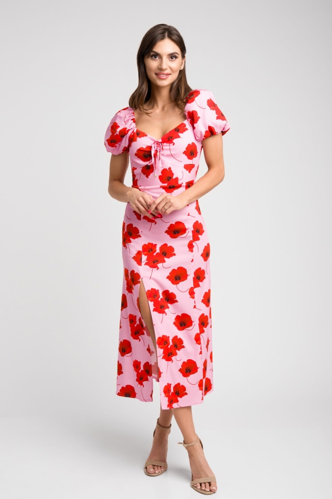 Letnia niebieska sukienka midi z rozporkiem w drobne kwiatki Besos by Swing