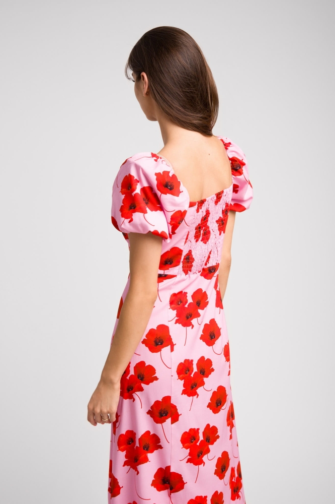 Letnia niebieska sukienka midi z rozporkiem w drobne kwiatki Besos by Swing