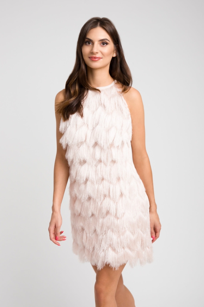 Pudrowo różowa sukienka mini na ramiączka z frędzlami Fringe Short by Swing