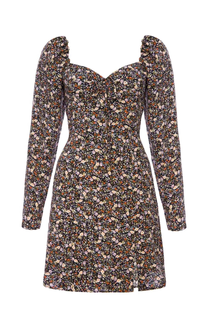 Jesienna sukienka z rozporkiem w drobne kwiatki Besos mini by Swing