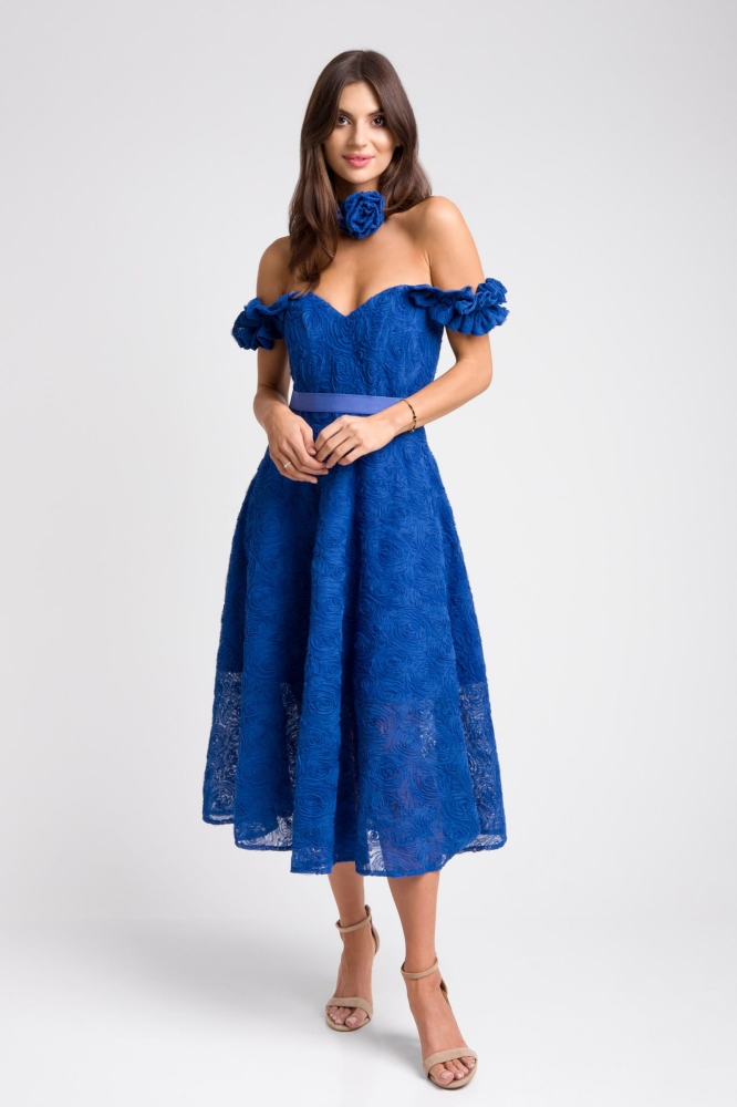 Niebieska tiulowa sukienka midi z ozdobnymi ramiączkami Orangina by Swing