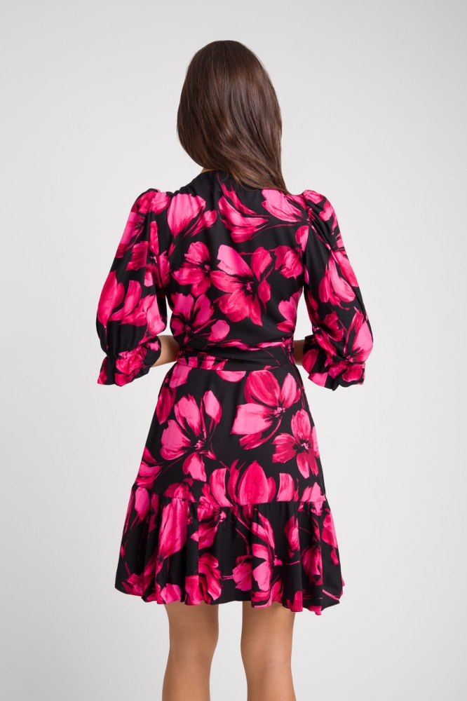 Kopertowa sukienka w czarno różowy jesienny wzór Sophia by Swing