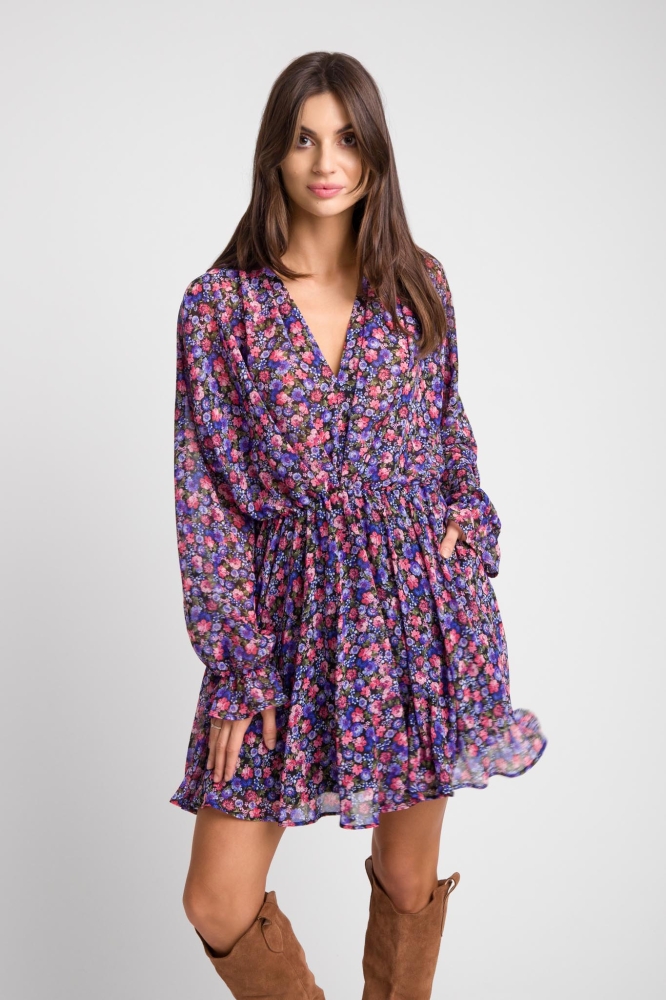 Jesienna sukienka z dekoltem V w drobne kwiatki Belagio by Swing