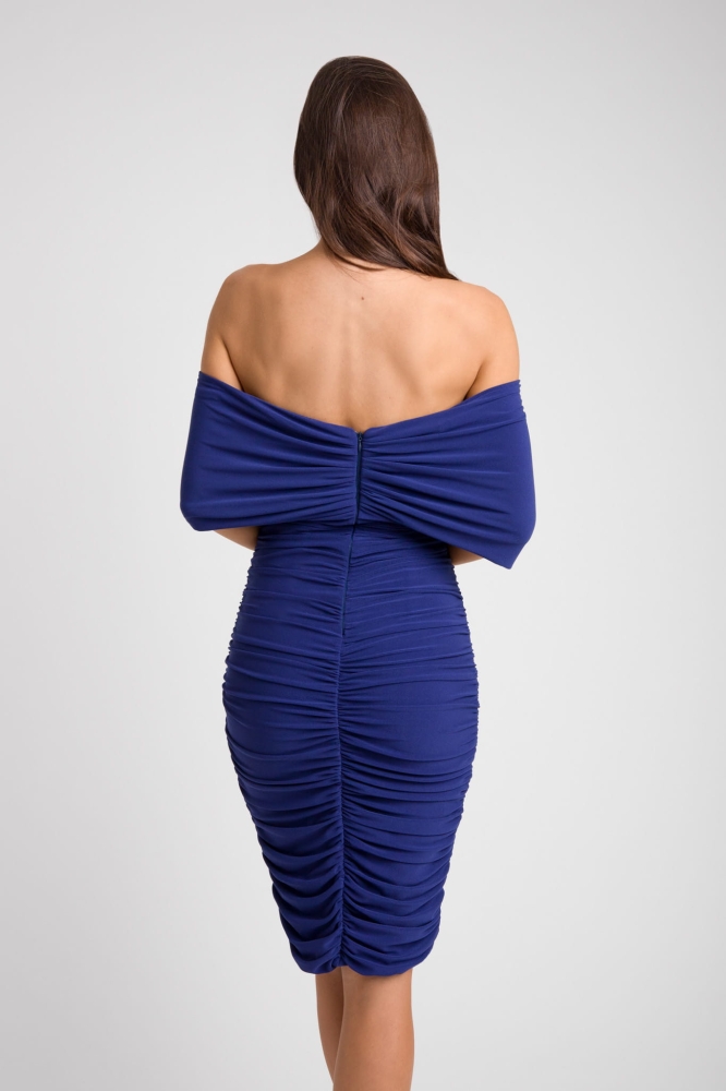 Granatowa drapowana sukienka midi z hiszpańskim dekoltem Gigi by Swing