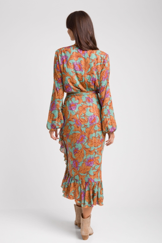 Boho komplet midi w jesienny print spódnica i bluzka Clara by Swing