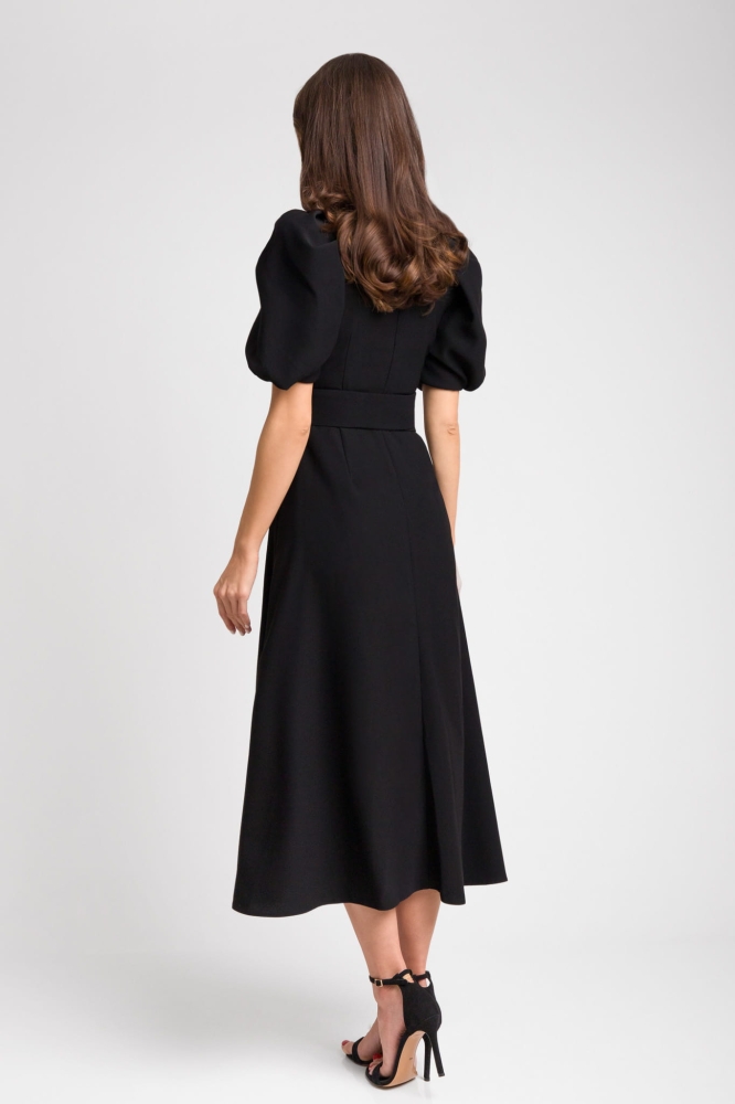 Czarna lekko rozkloszowana sukienka midi z bufiastym rękawem Icon by Swing