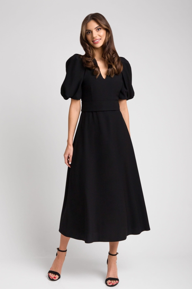 Czarna lekko rozkloszowana sukienka midi z bufiastym rękawem Icon by Swing