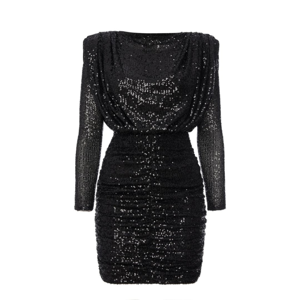 Zjawiskowa błyszcząca czarna dopasowana sukienka mini z rękawem Glossy by Swing
