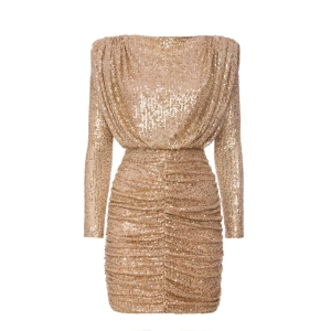 Zjawiskowa cekinowa złota dopasowana sukienka mini z rękawem Glossy by Swing  