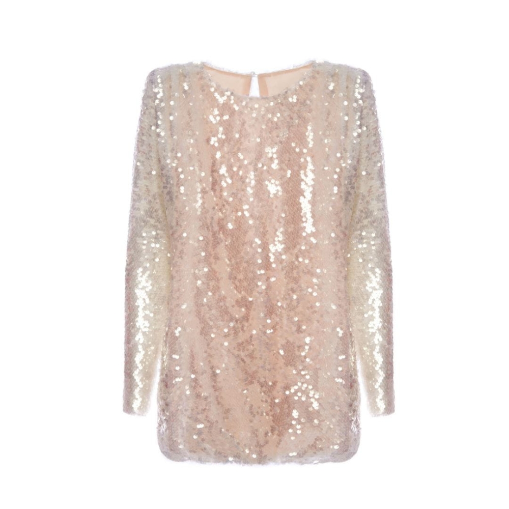 Elegancka biała cekinowa bluzka z rozcięciem na plechach Elisa by Swing