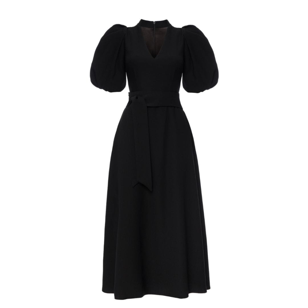 Czarna lekko rozkloszowana sukienka midi z bufiastym rękawem Icon by Swing