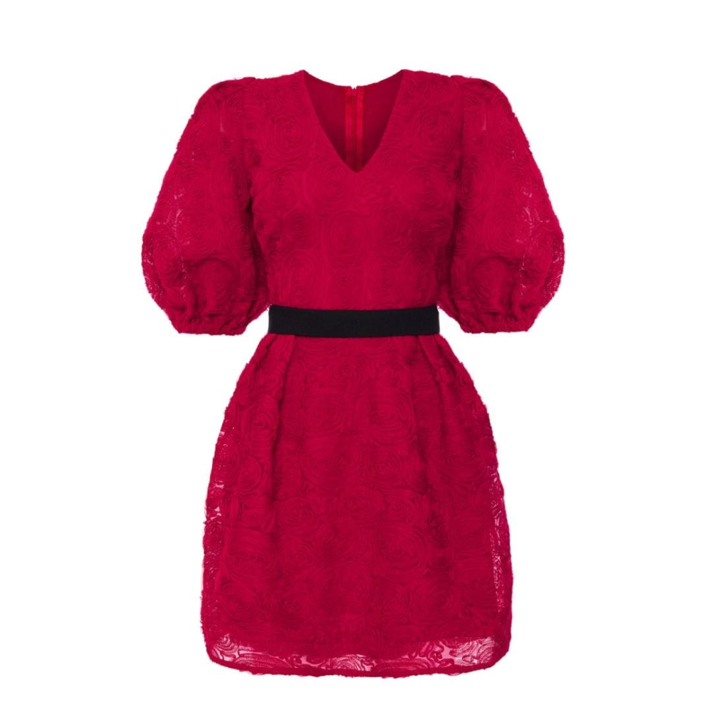 Bordowa tiulowa lekko rozkloszowana sukienka mini z bufiastym rękawem w róże Nadine by Swing