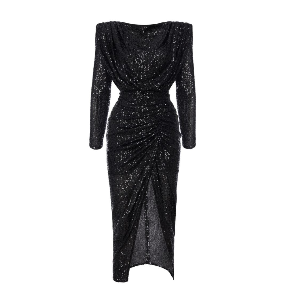Zjawiskowa czarna dopasowana sukienka midi z cekinów z rękawem Nicol Long by Swing