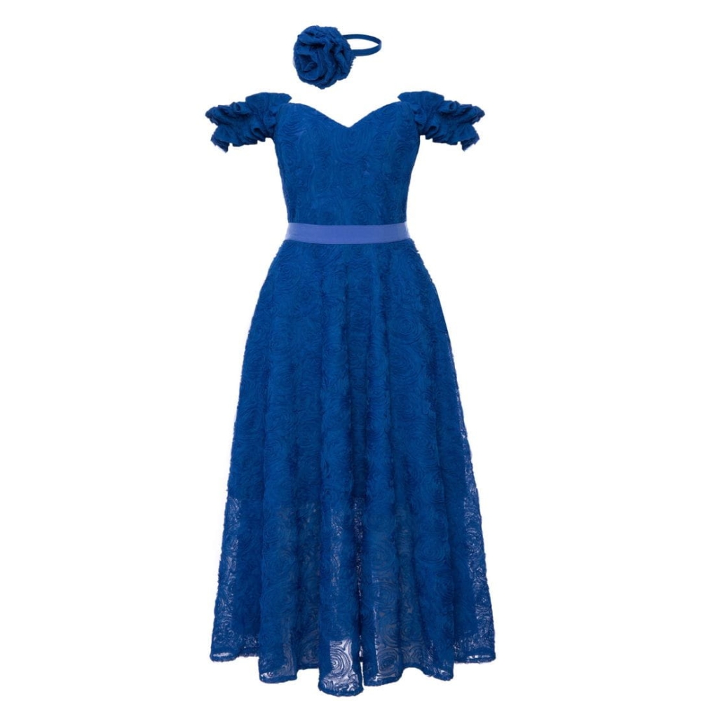 Niebieska tiulowa sukienka midi z ozdobnymi ramiączkami Orangina by Swing