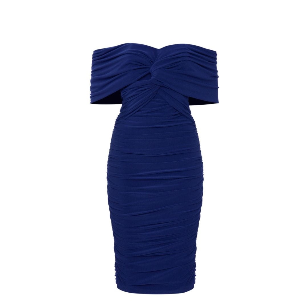 Granatowa drapowana sukienka midi z hiszpańskim dekoltem Gigi by Swing