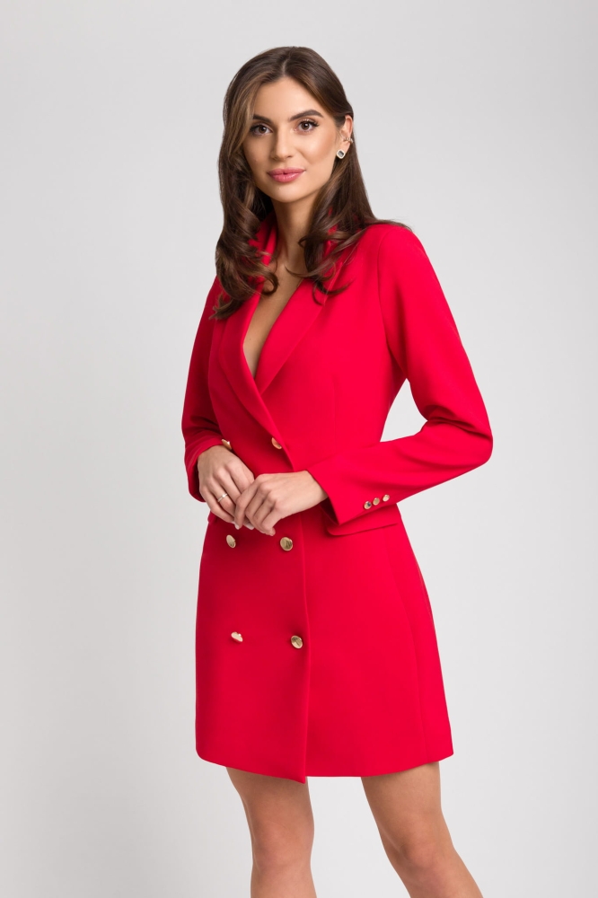 Czerwona elegancka sukienka o kroju marynarki ze złotymi guzikami CORA  by Swing