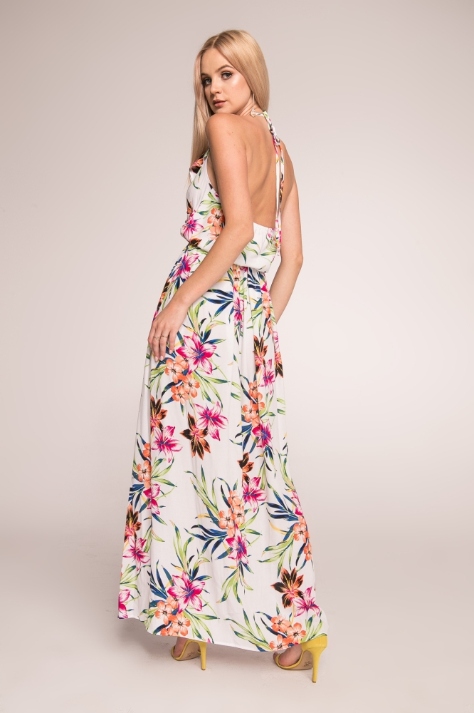 Długa letnia sukienka w kolorowe kwiaty Shindy Swing