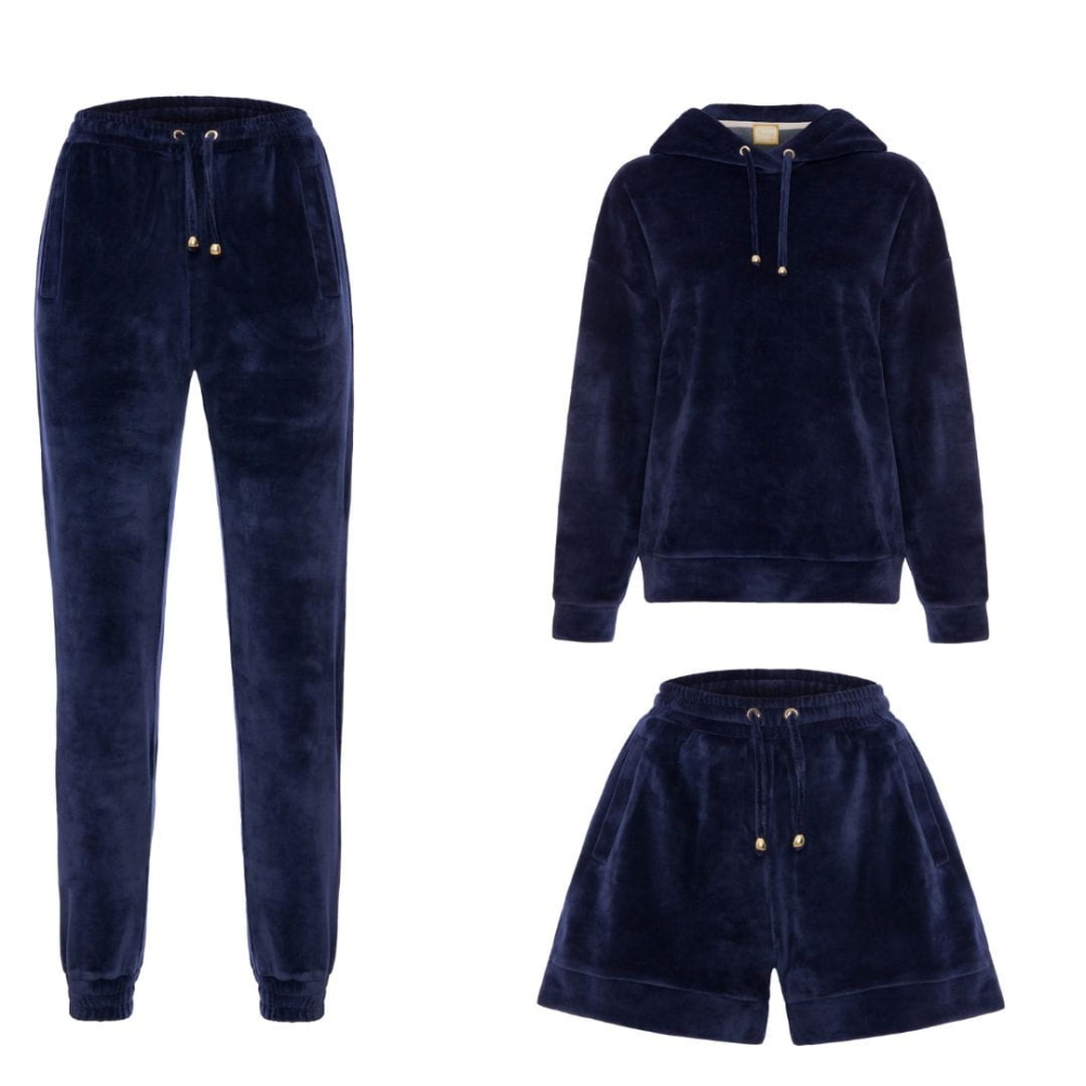 Granatowy trzyczęściowy welurowy dres z kapturem Fallon by Swing