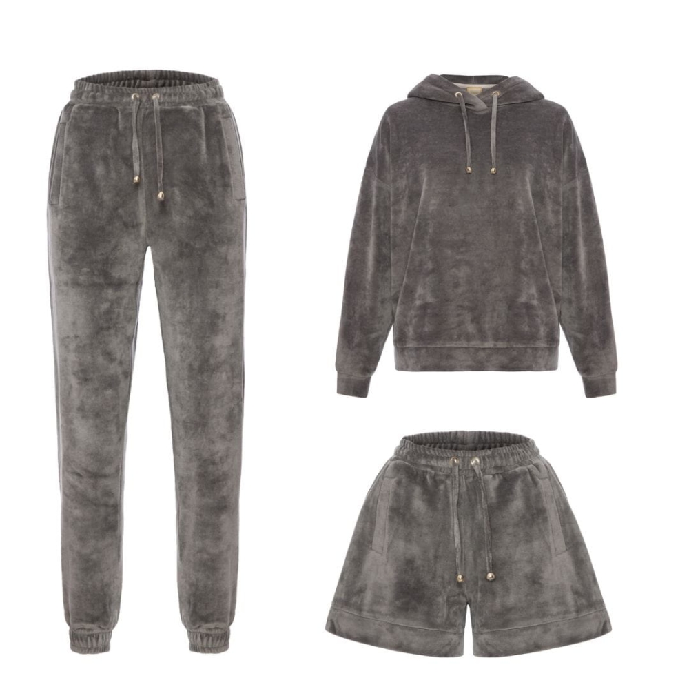 Ciemnoszary trzyczęściowy welurowy dres z kapturem Fallon by Swing