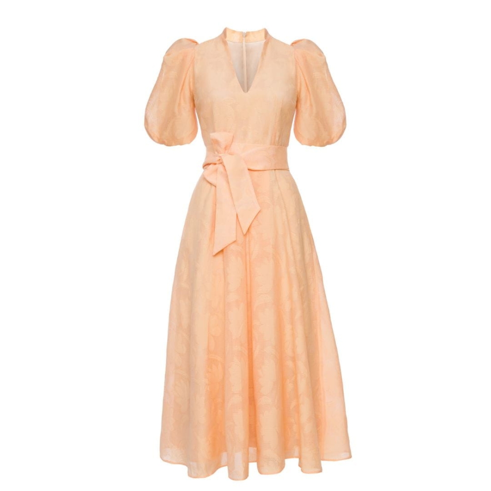 Morelowa rozkloszowana sukienka midi z bufiastym rękawem Icon Romantic by Swing