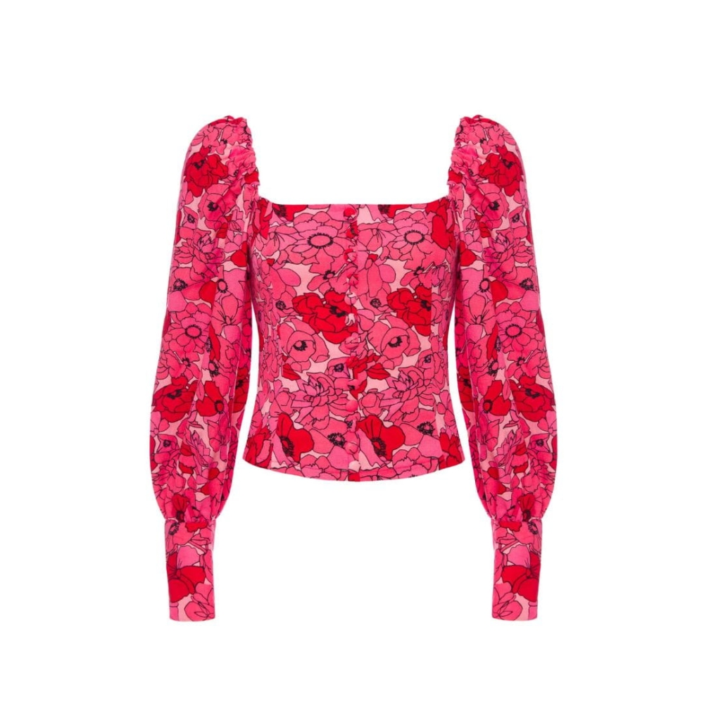 Różowa gorsetowa bluzka z bufiastymi rękawami w kwiatki Venice by Swing